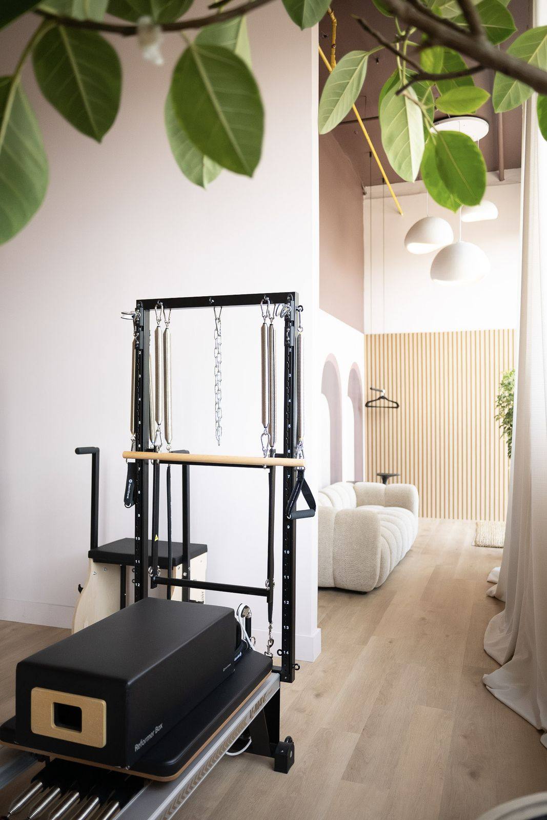 The Tower and Reformer with fiddle-leaf greenery at Leaside Pilates